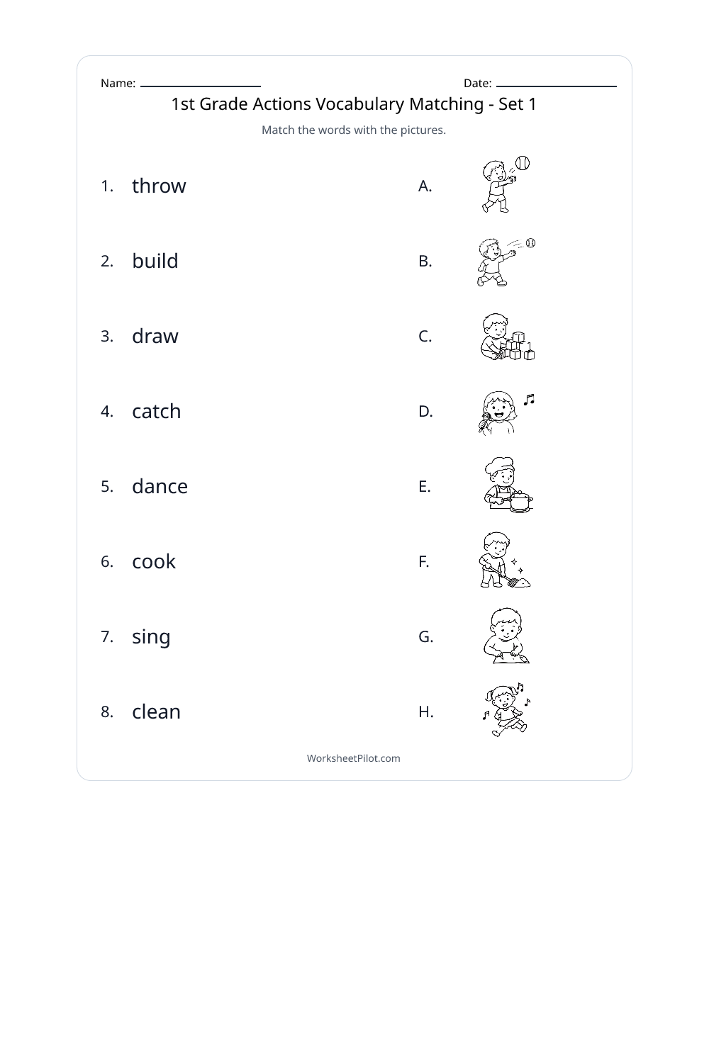 1st Grade Actions Vocabulary Matching - Set 1 - Free Printable ...