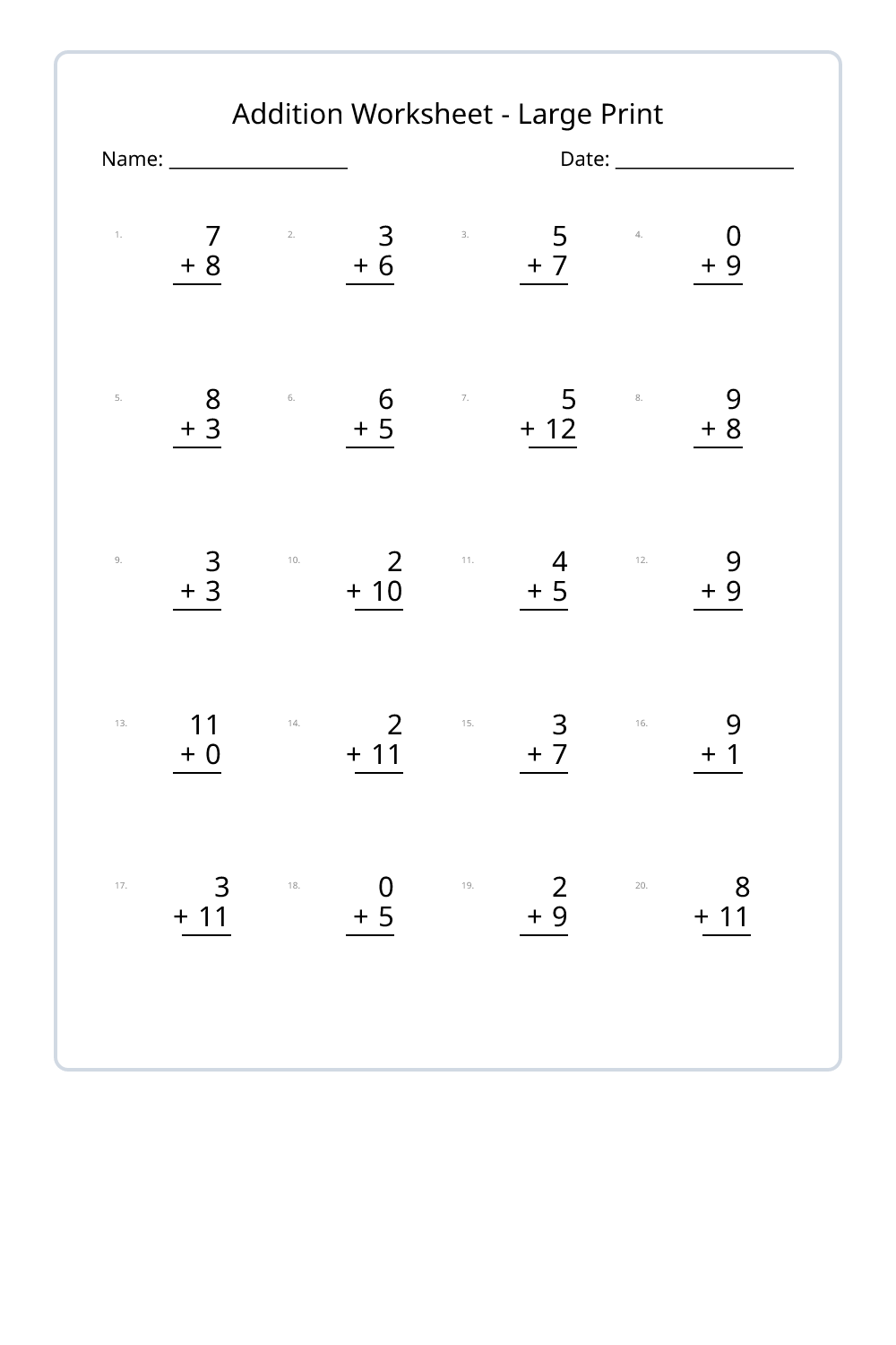 1st Grade Addition Large Print Worksheets Set 1 - Free Printable PDF ...