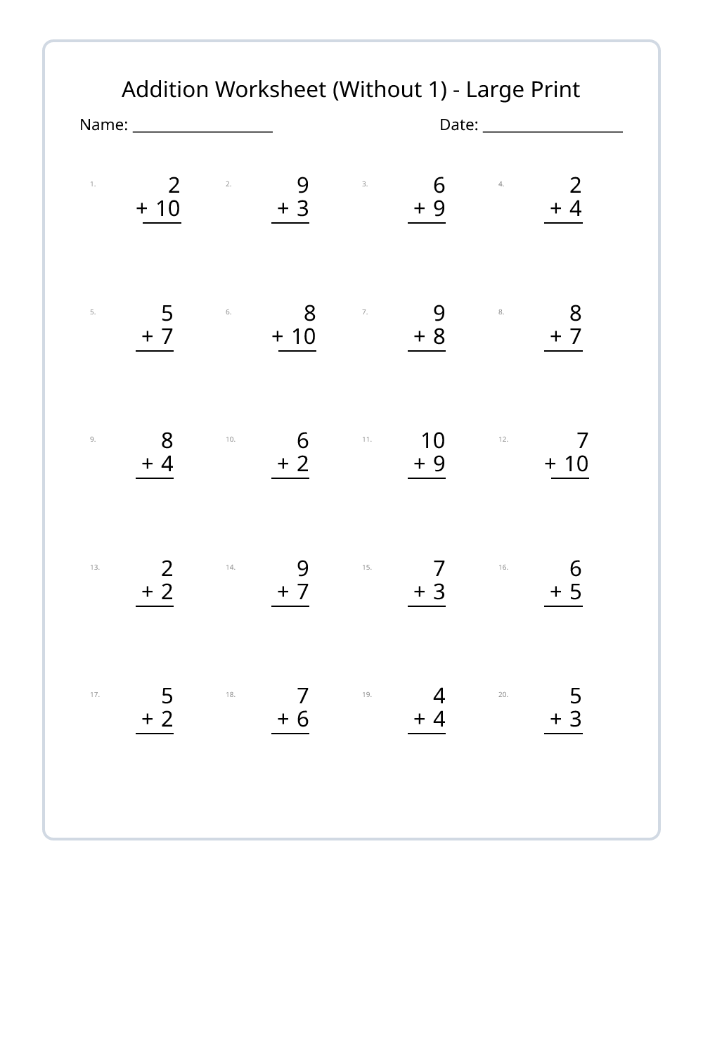 1st Grade Addition Without 1 Large Print Worksheets Set 1 - Free ...