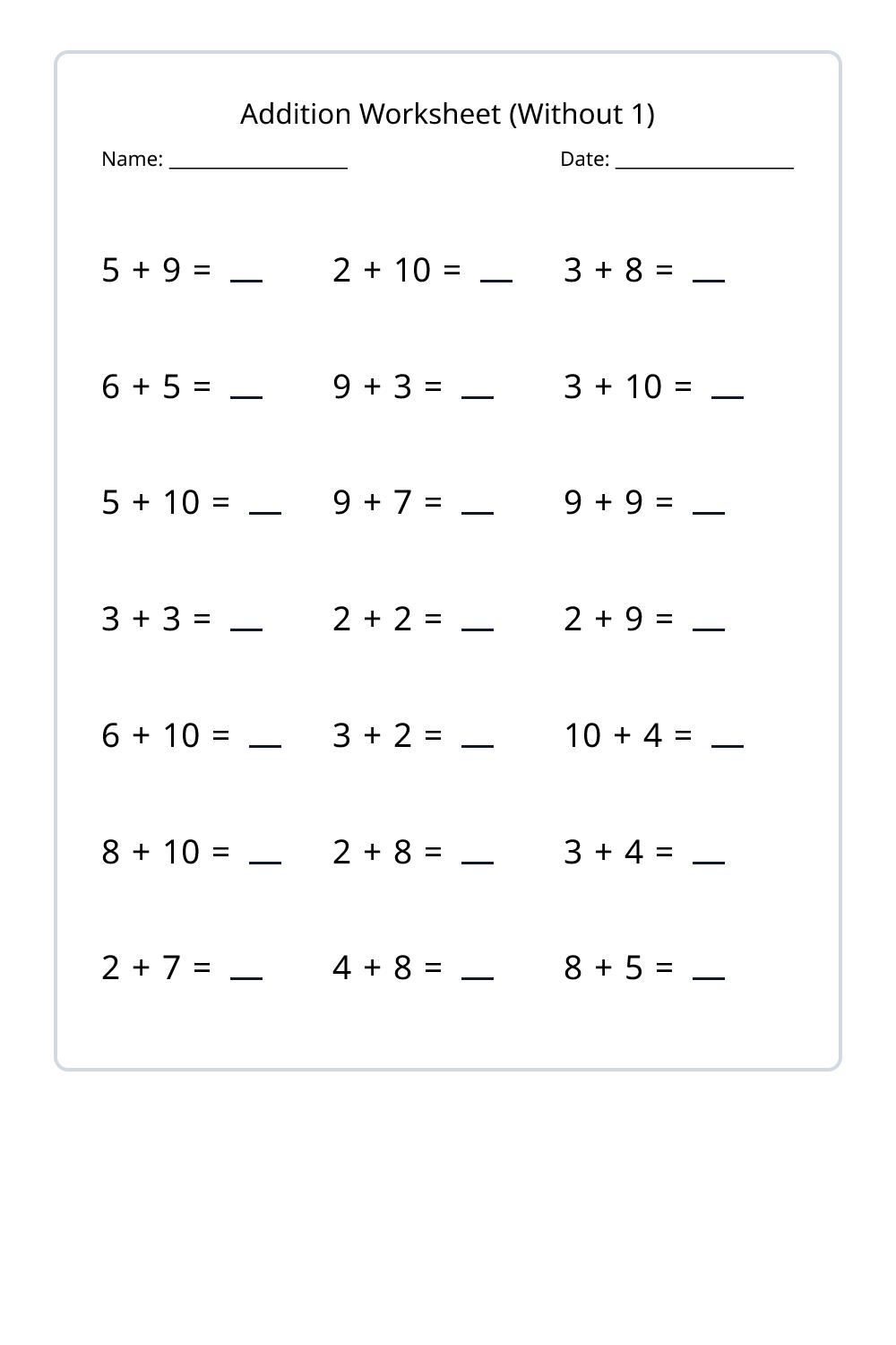 1st Grade Addition Without 1 Set 1 - Free Printable PDF | Worksheet Pilot