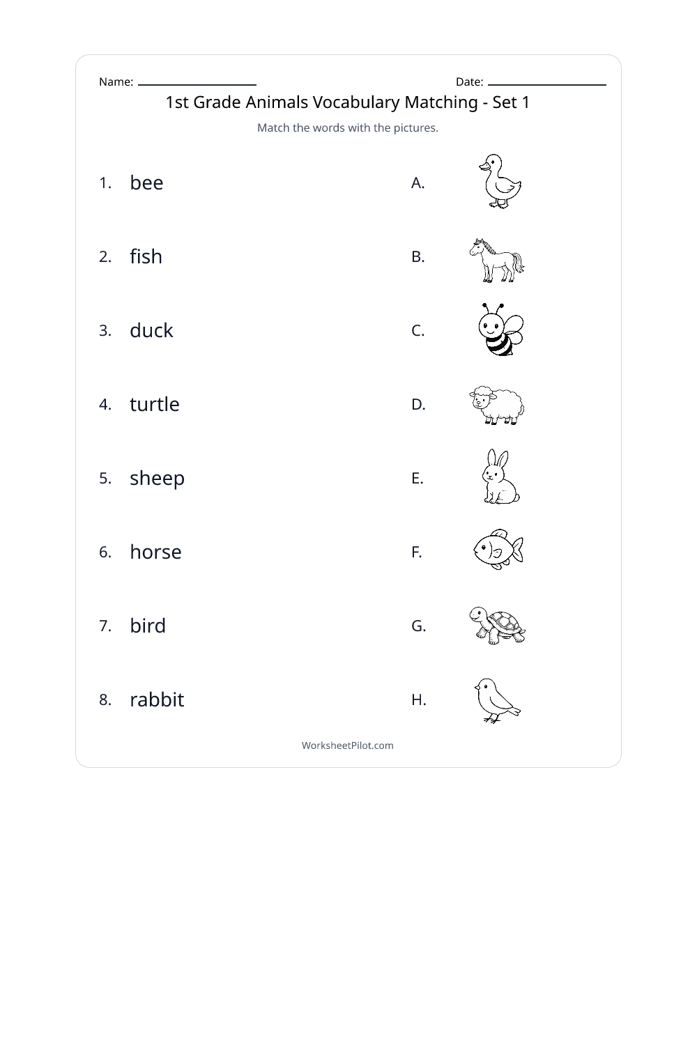 First Grade Animals 1st Grade Animals Vocabulary Matching - Set 1 - Free Printable ...