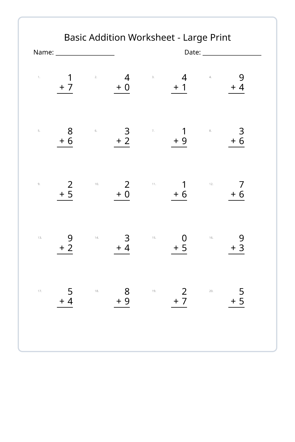 1st Grade Basic Math 1st Grade Basic Addition Large Print Worksheets Set 1 - Free Printable ...