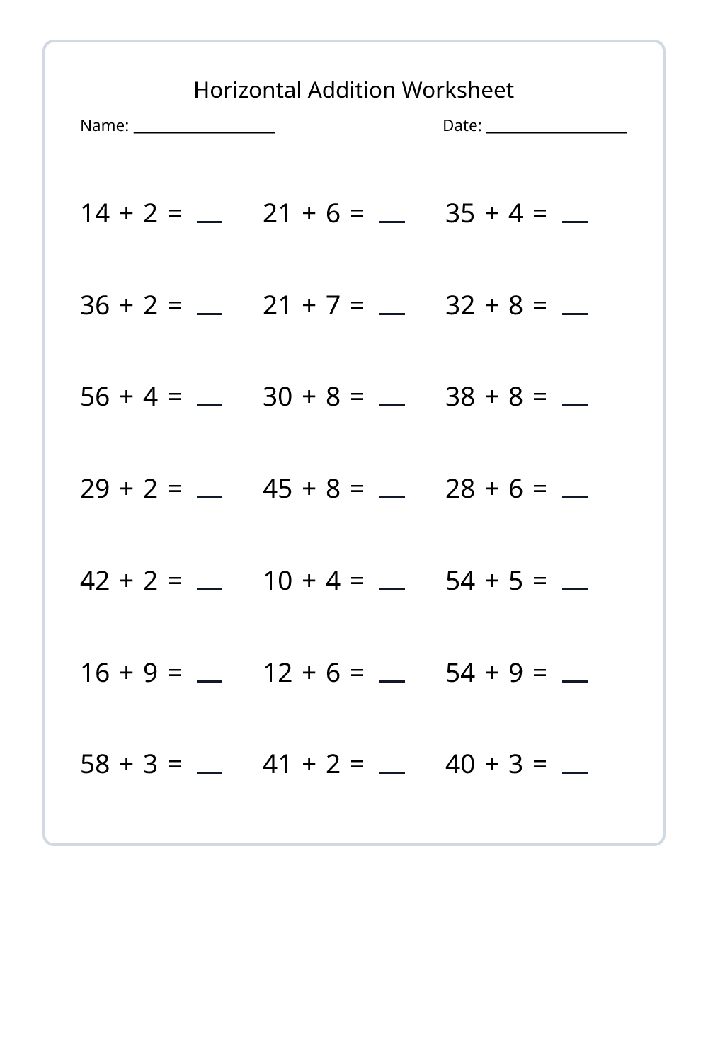 1st Grade Horizontal Addition Worksheets Set 1 - Free Printable PDF ...