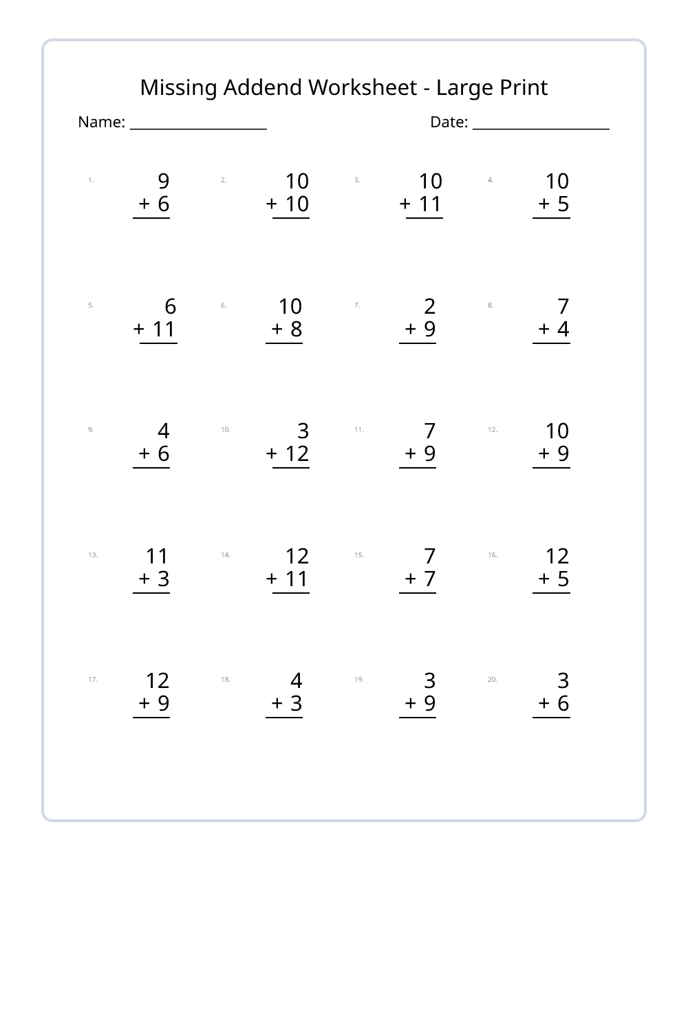 1st Grade Missing Addend Large Print Worksheets Set 1 - Free Printable ...