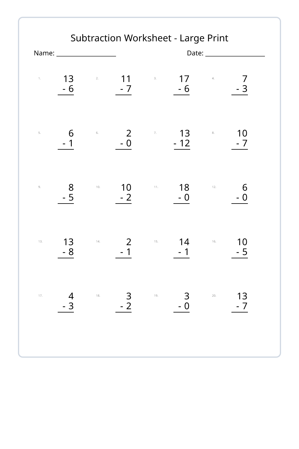 1st Grade Subtraction Large Print Worksheets Set 1 - Free Printable PDF