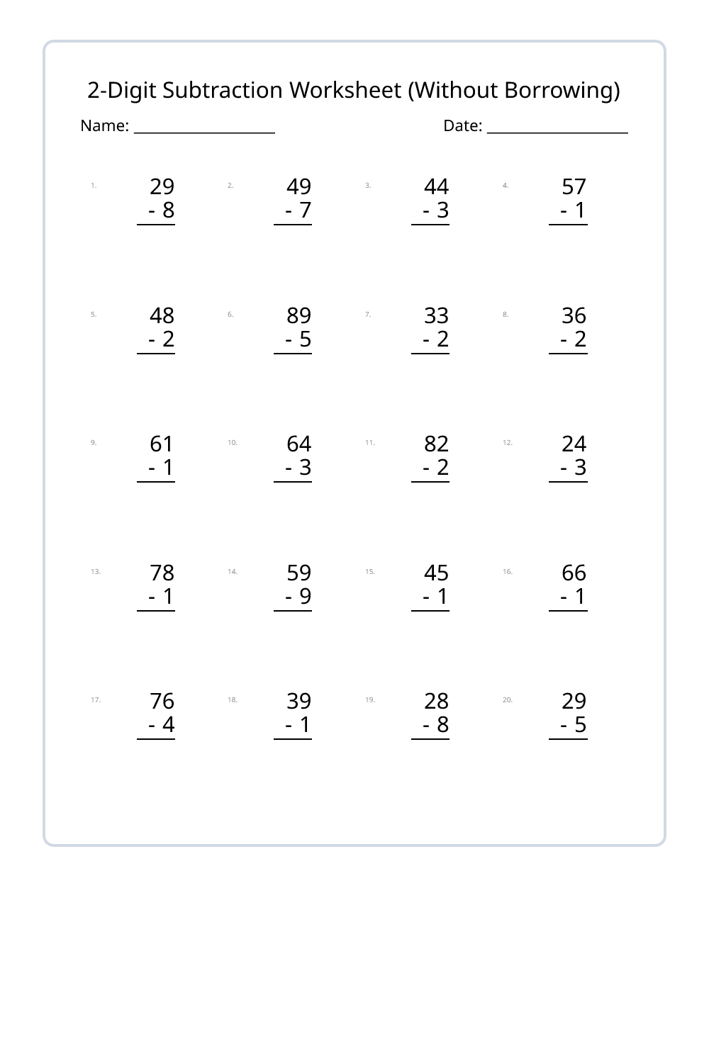 1st Grade Subtraction Without Borrowing Worksheets Set 1 - Free ...
