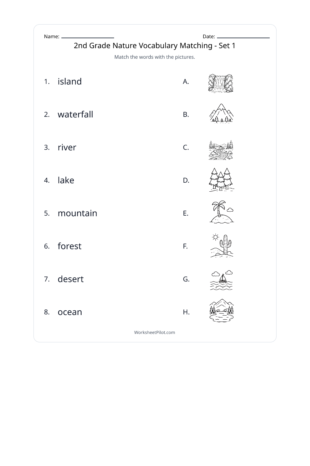 2nd Grade Nature Vocabulary Matching - Set 1 - Free Printable Worksheet ...