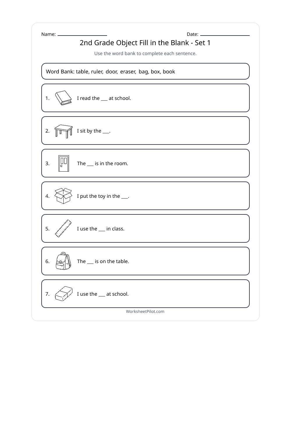 2nd Grade Object Fill in the Blank - Set 1 - Free Printable Worksheet ...