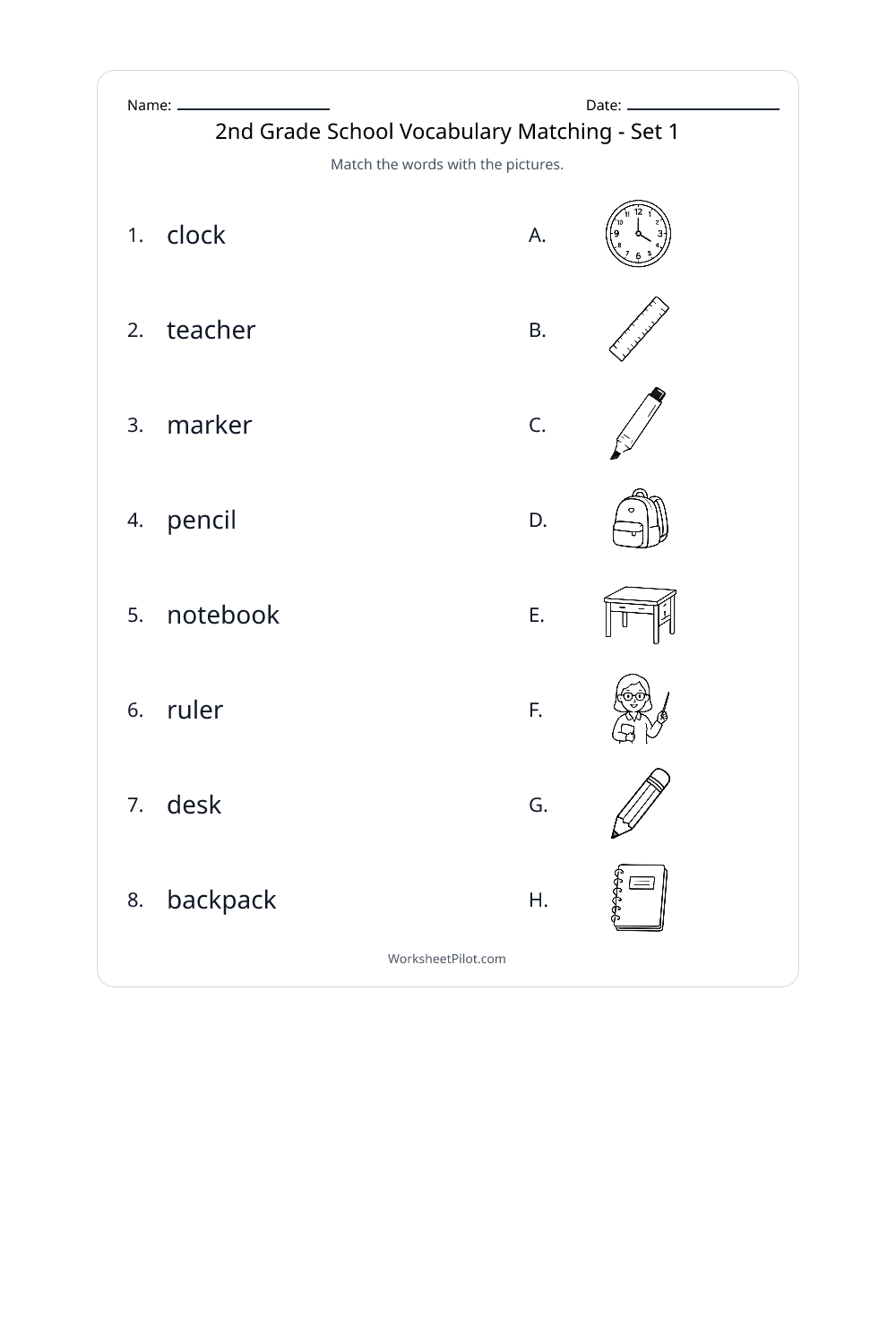 2nd Grade School Vocabulary Matching - Set 1 - Free Printable Worksheet ...