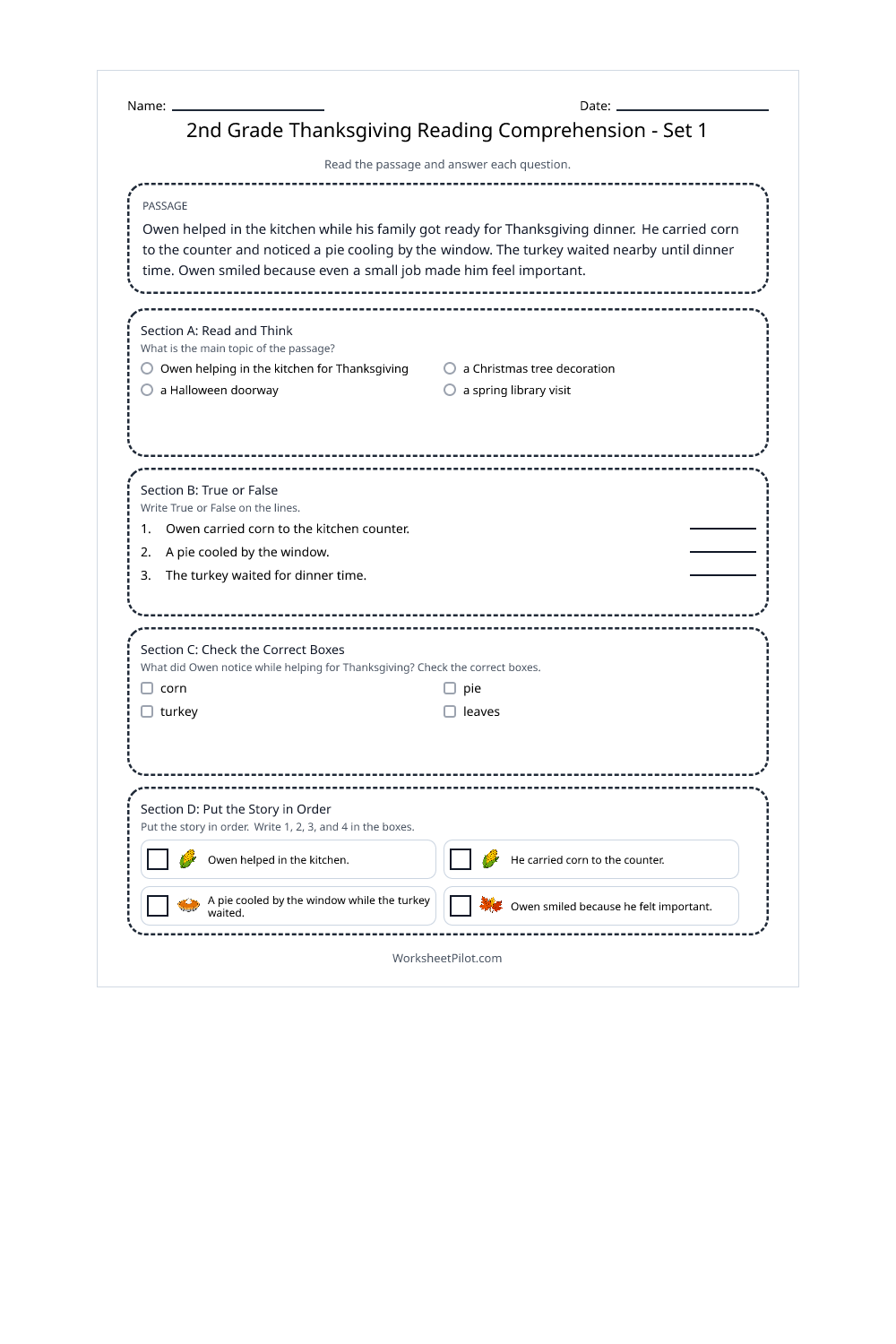 2nd Grade Thanksgiving Reading Comprehension - Set 1 - Free Printable ...