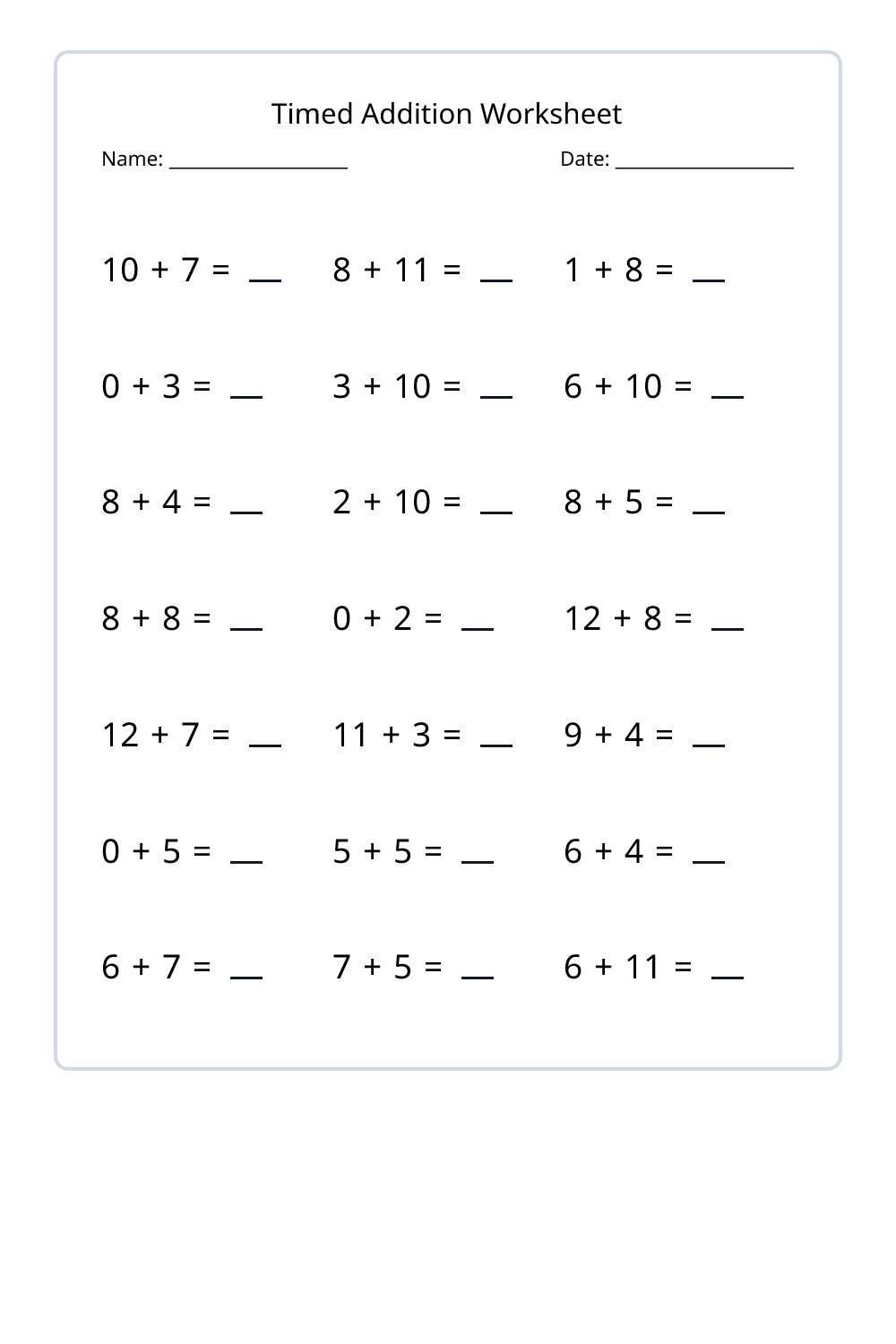 2nd Grade Timed Addition Worksheets Set 1 - Free Printable PDF ...