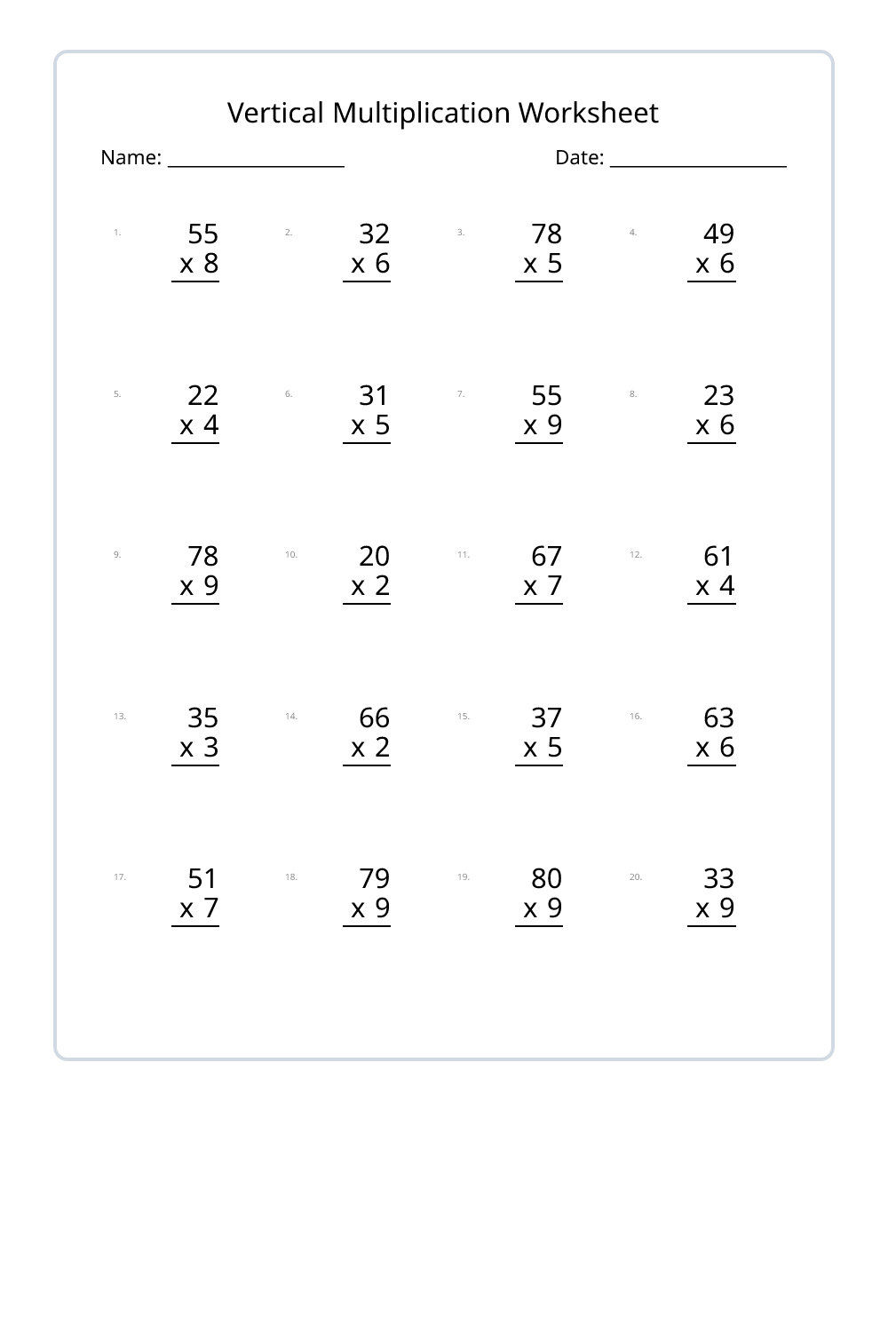 2nd Grade Vertical Multiplication Worksheets Set 1 - Free Printable PDF ...