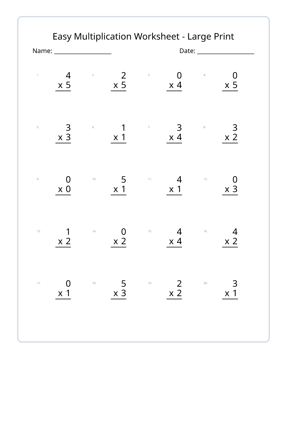 3rd Grade Easy Multiplication Large Print Worksheets Set 1 - Free ...