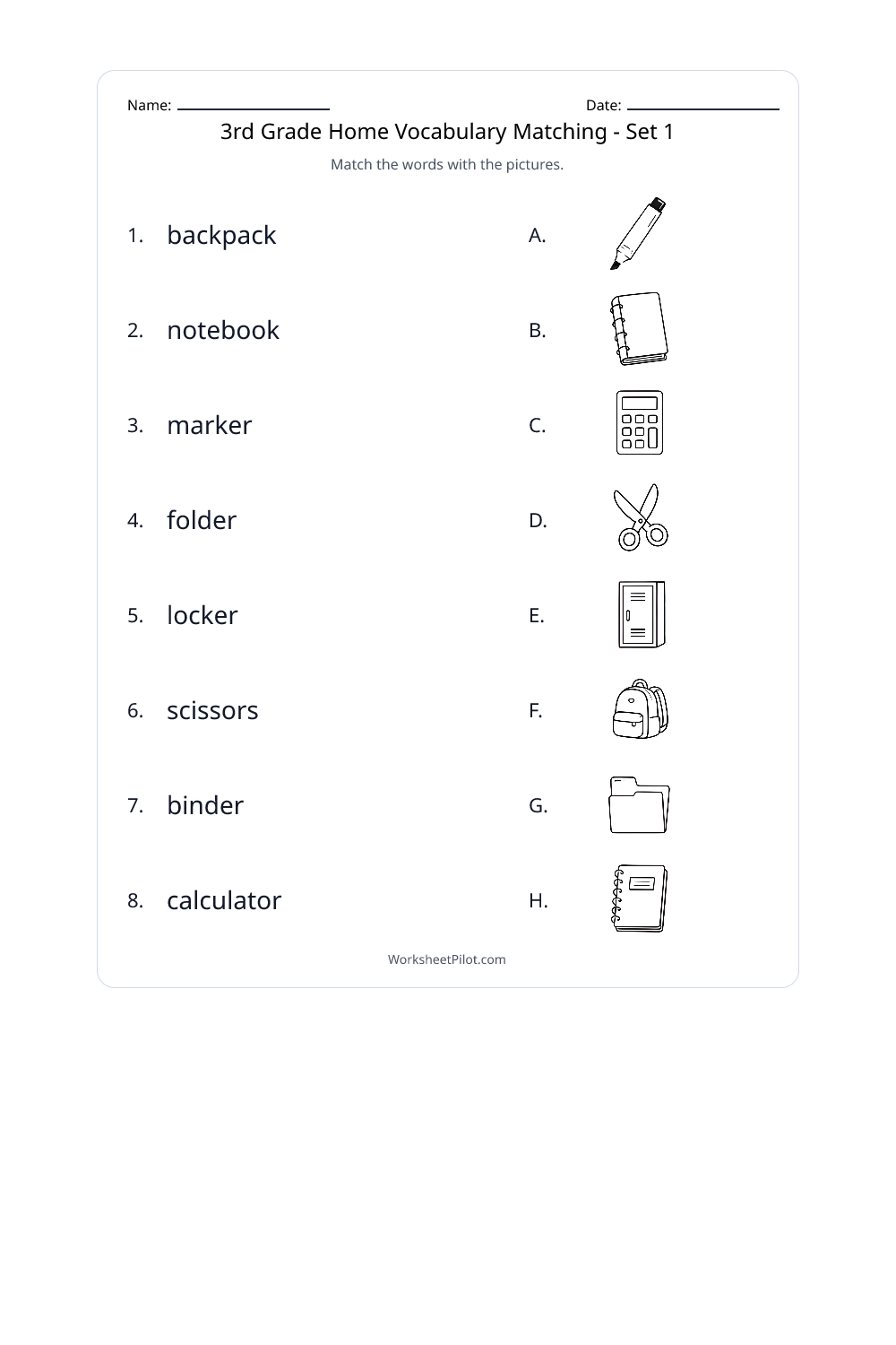 3rd Grade Home Vocabulary Matching - Set 1 - Free Printable Worksheet ...
