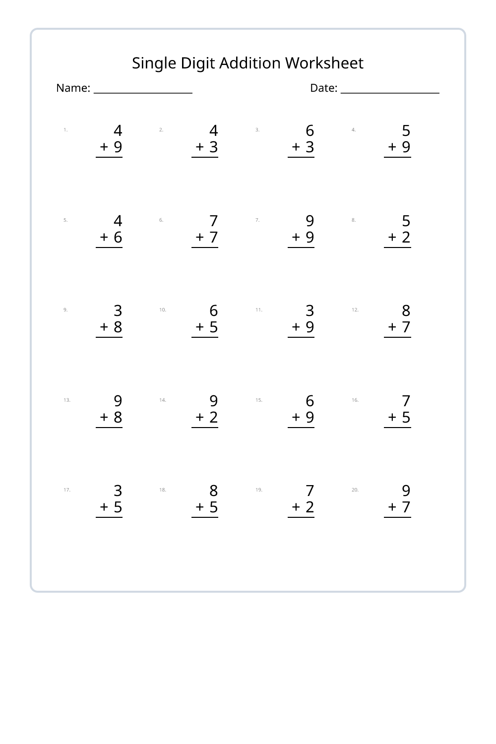 3rd Grade Single Digit Addition Worksheets Set 1 - Free Printable PDF ...