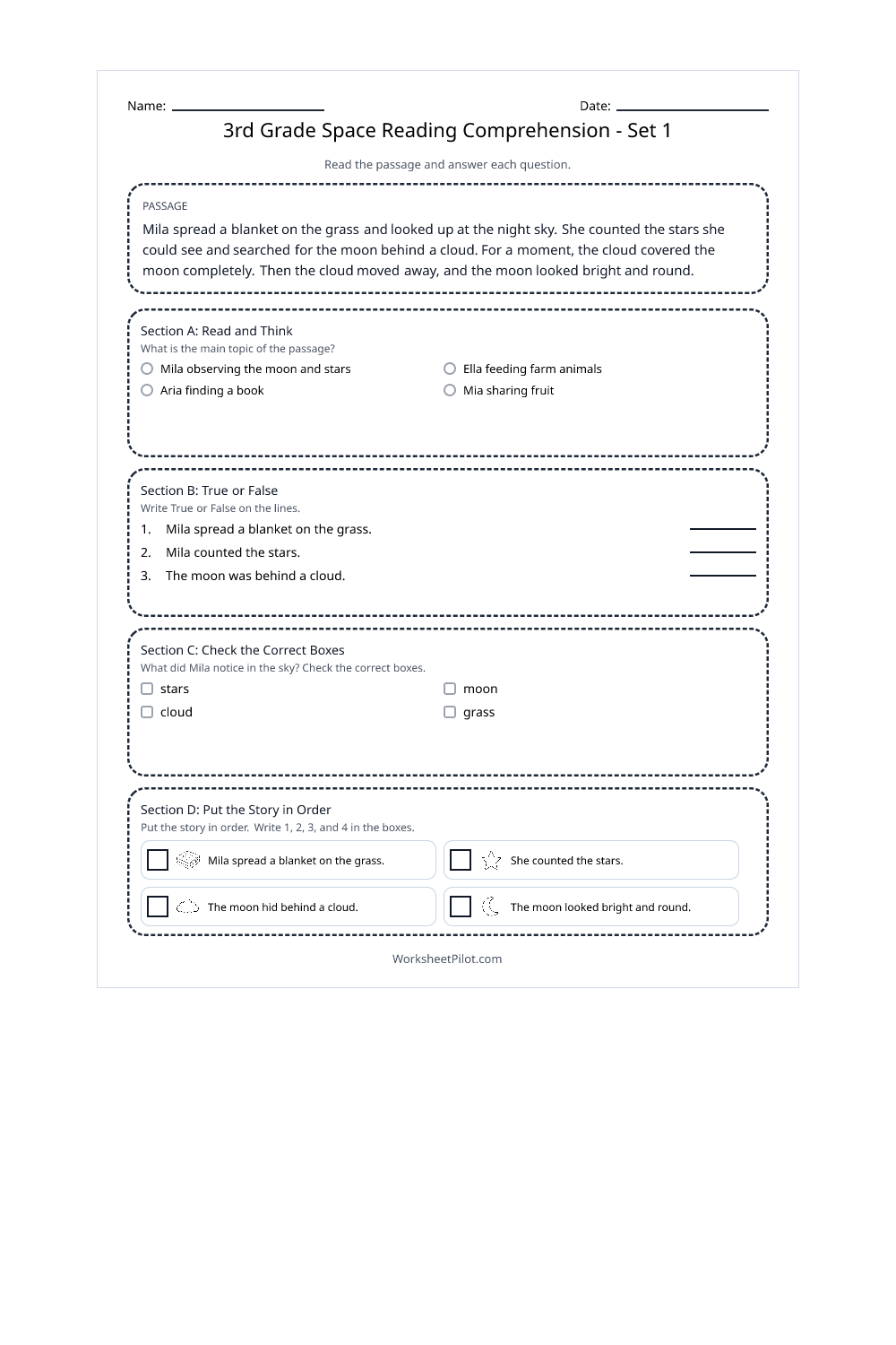 3rd Grade Space Reading Comprehension - Set 1 - Free Printable ...