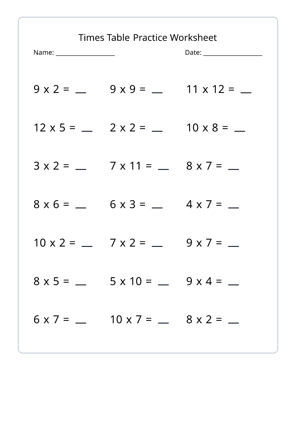 3rd Grade Times Table Practice Set 1 - Free Printable PDF | Worksheet Pilot