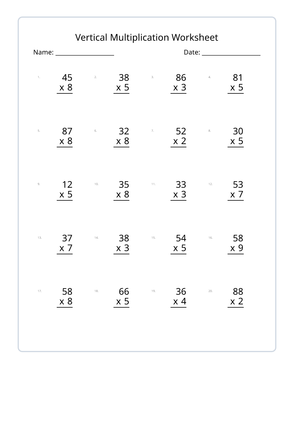 3rd Grade Vertical Multiplication Worksheets Set 1 - Free Printable PDF ...