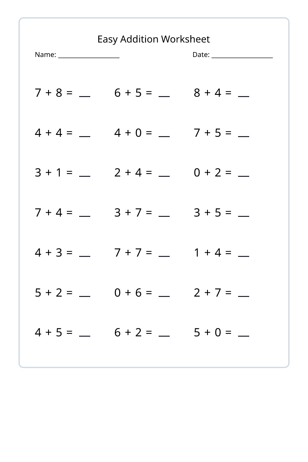 4th Grade Easy Addition Worksheets Set 1 - Free Printable PDF ...