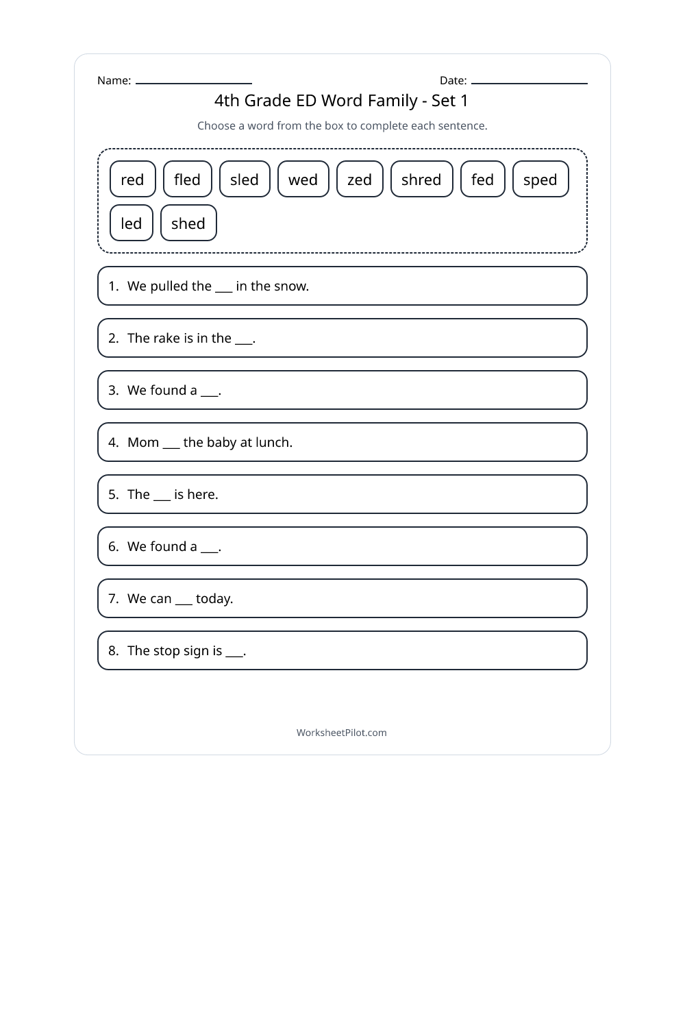 4th Grade ED Word Family - Set 1 - Free Printable Worksheet | Worksheet ...