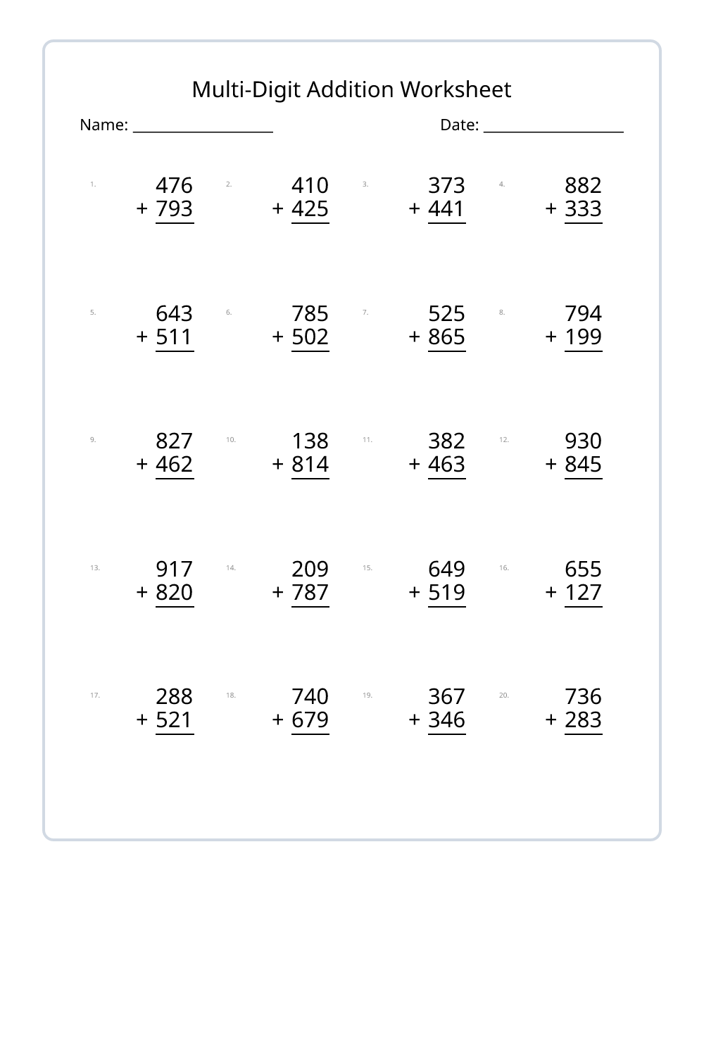 4th Grade Multi Digit Addition Worksheets Set 1 - Free Printable PDF ...