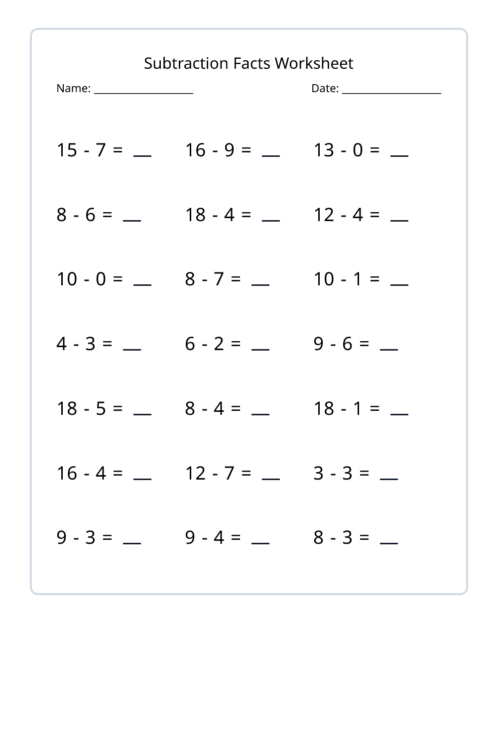 4th Grade Subtraction Facts Worksheets Set 1 - Free Printable PDF ...