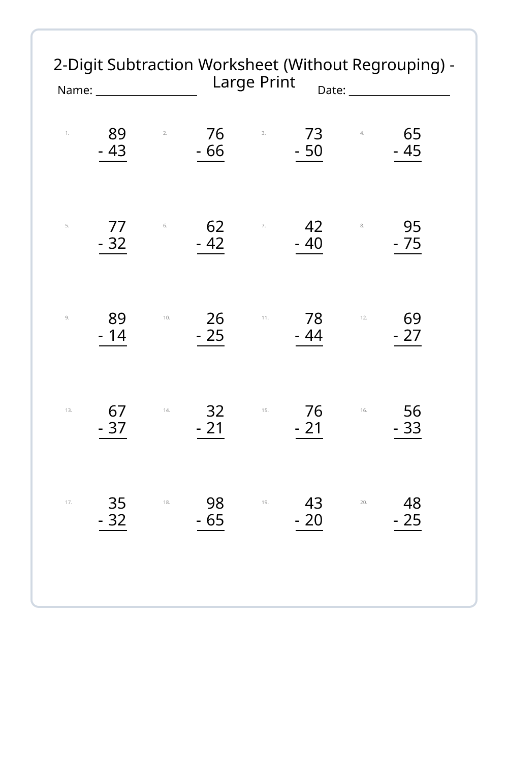 4th Grade Subtraction Worksheets (Without Regrouping) Large Print ...