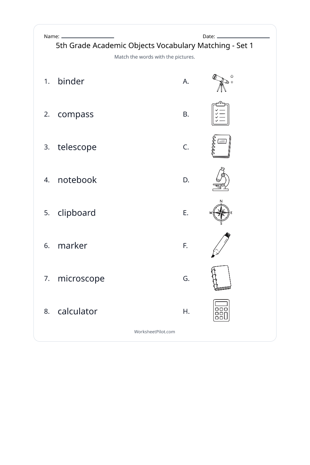 5th Grade Academic Objects Vocabulary Matching - Set 1 - Free Printable ...