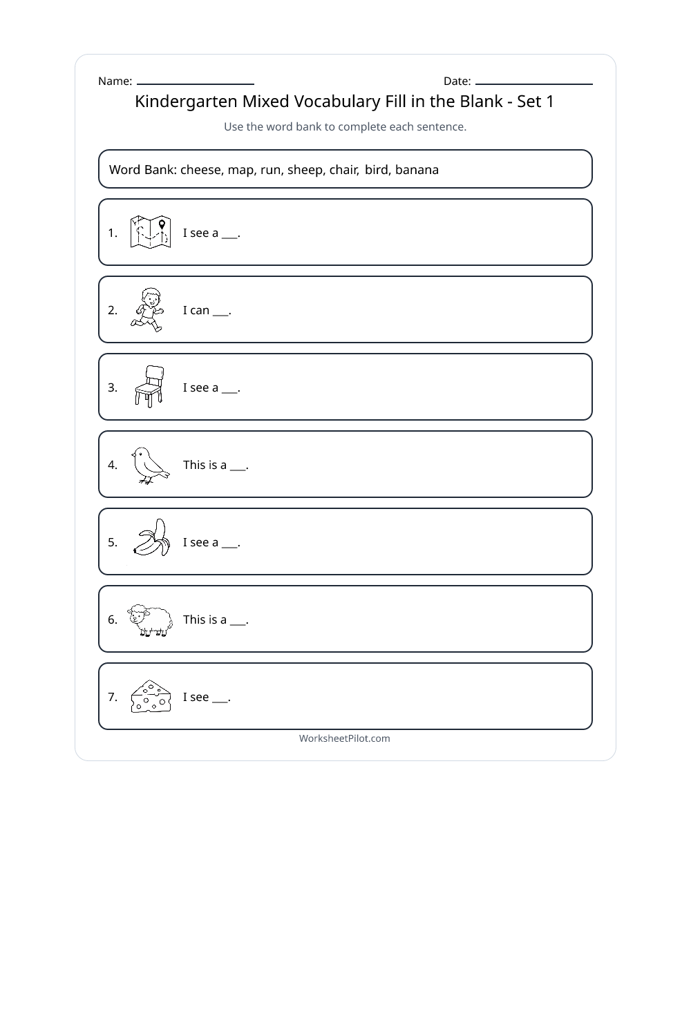 Kindergarten Mixed Vocabulary Fill in the Blank - Set 1 - Free ...