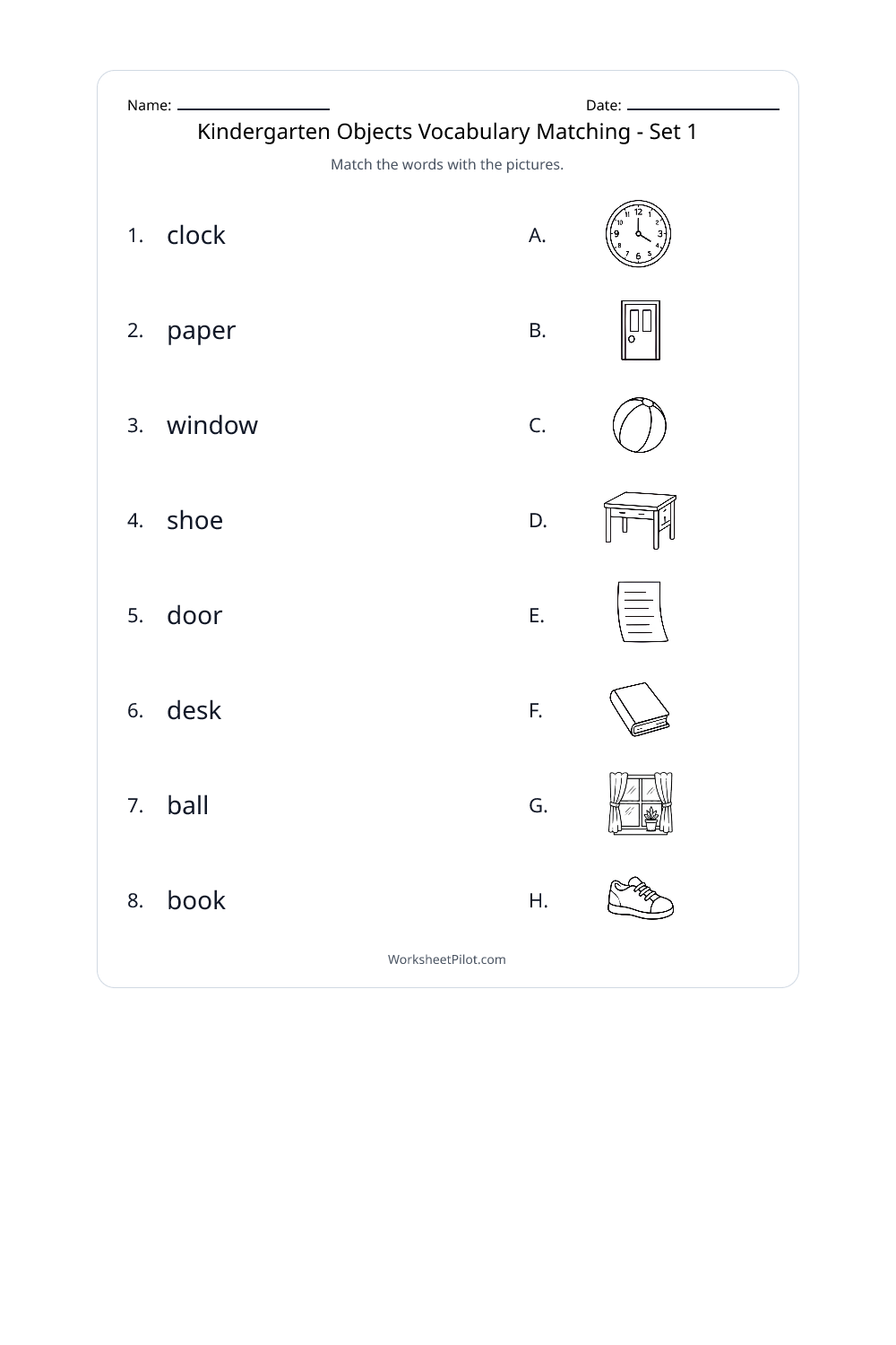 Object Match Set Worksheet Kindergarten Objects Vocabulary Matching - Set 1 - Free Printable ...
