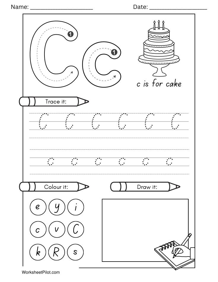 Kindergarten Letter C Tracing Worksheet - Free Printable PDF preview