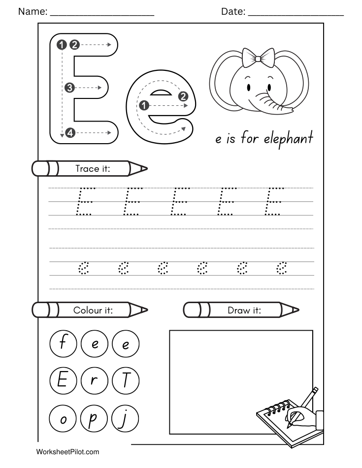 Kindergarten Letter E Tracing Worksheet - Free Printable PDF preview