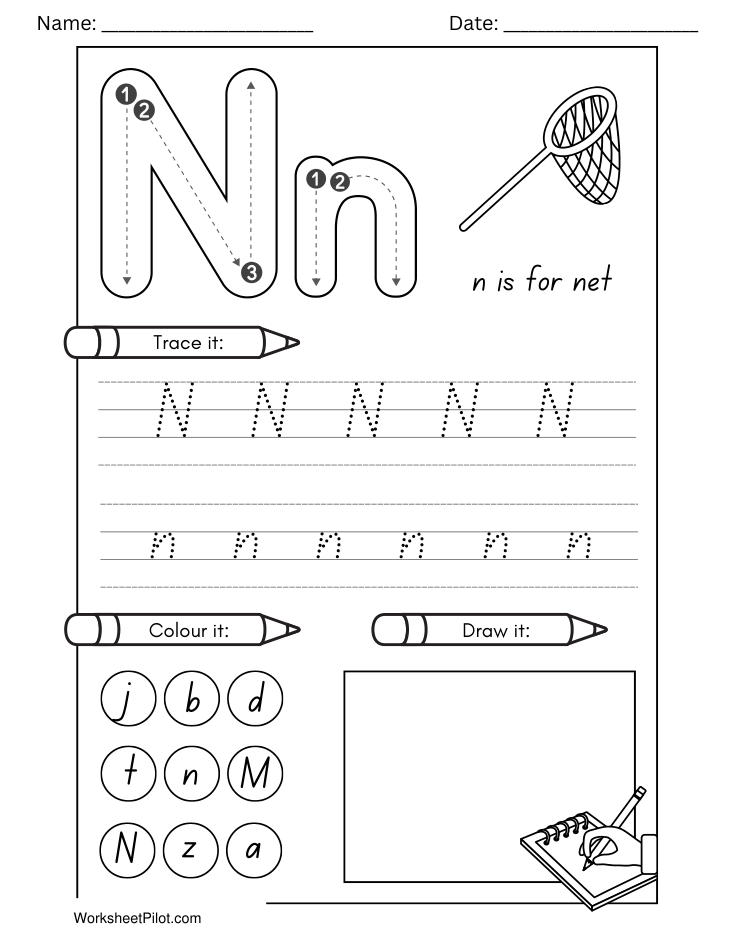 Kindergarten Letter N Tracing Worksheet - Free Printable PDF preview