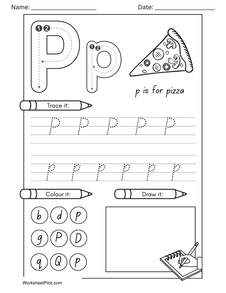 Kindergarten Letter P Tracing Worksheet - Free Printable PDF preview