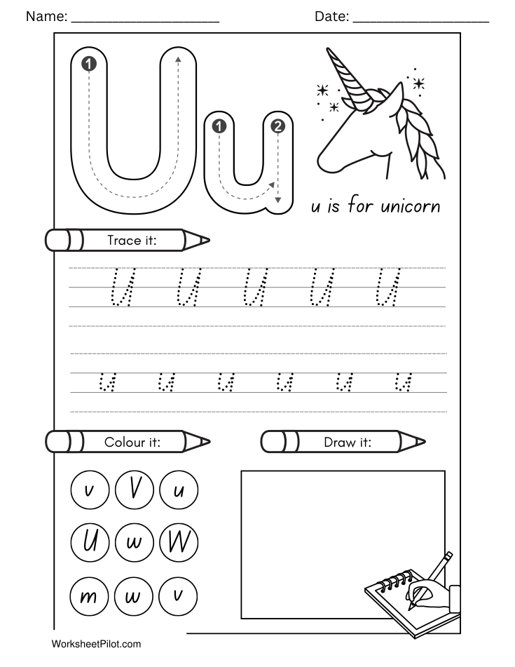 Kindergarten Letter U Tracing Worksheet - Free Printable PDF preview
