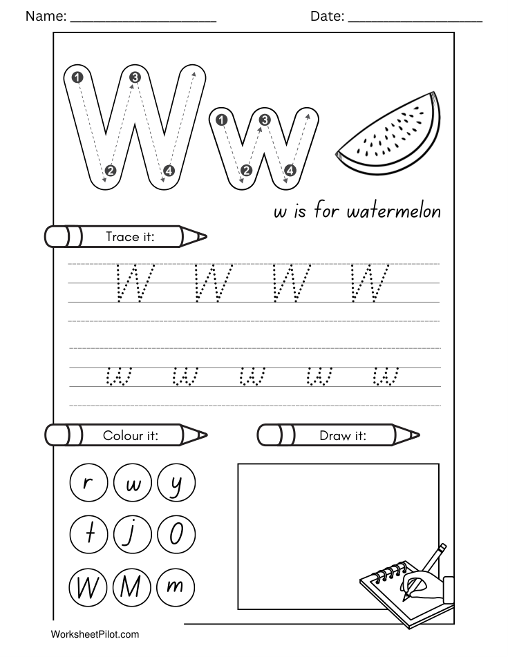 Kindergarten Letter W Tracing Worksheet - Free Printable PDF preview