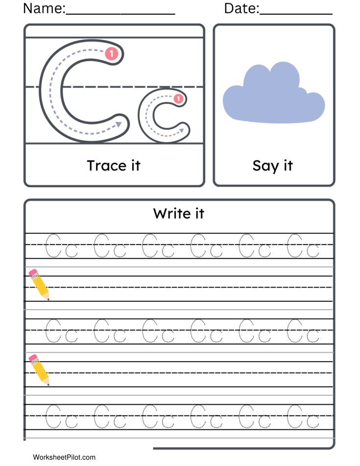 Kindergarten Letter C Tracing Worksheet Practice Set 2 - Free Printable PDF preview