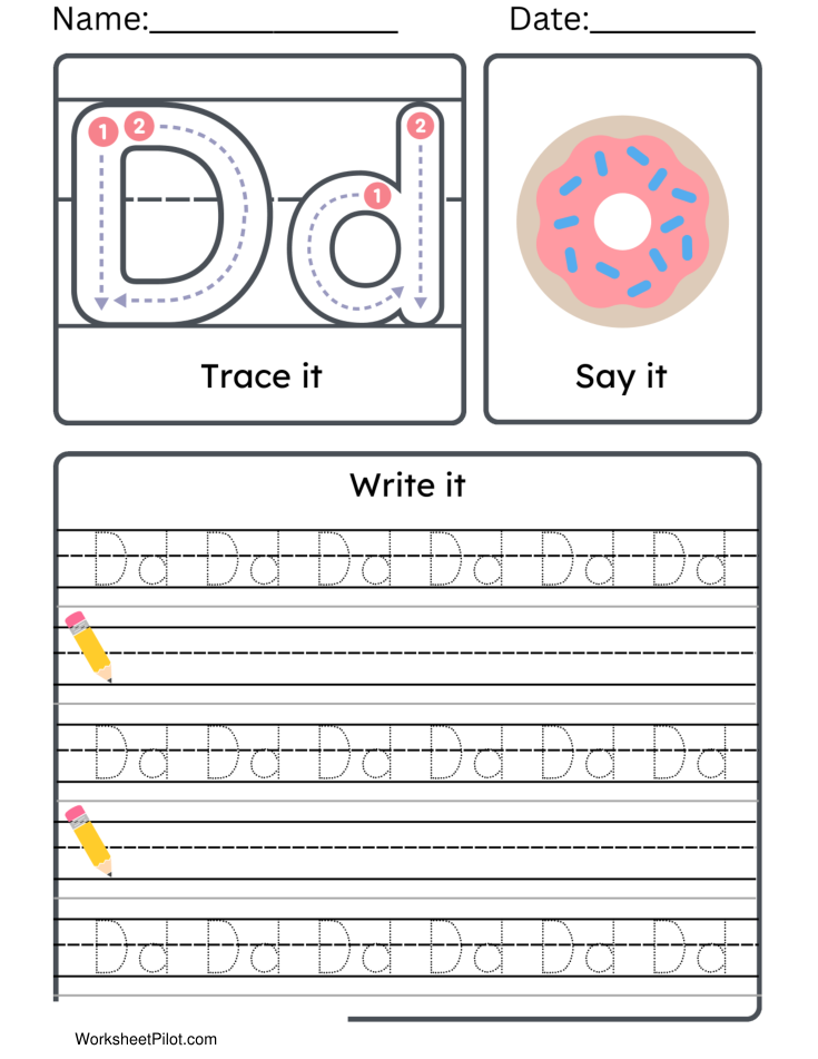Kindergarten Letter D Tracing Worksheet Practice Set 2 - Free Printable PDF preview