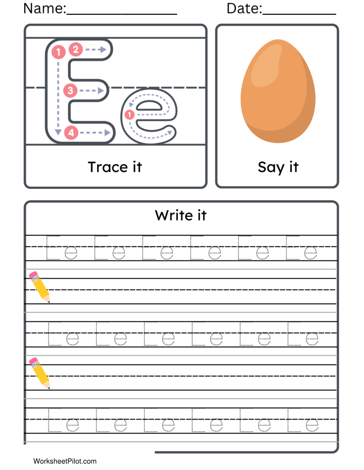Kindergarten Letter E Tracing Worksheet Practice Set 2 - Free Printable PDF preview