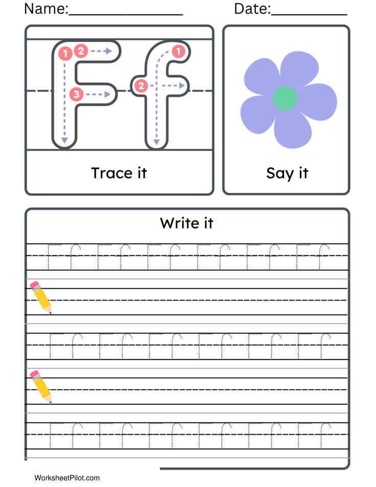 Kindergarten Letter F Tracing Worksheet Practice Set 2 - Free Printable PDF preview