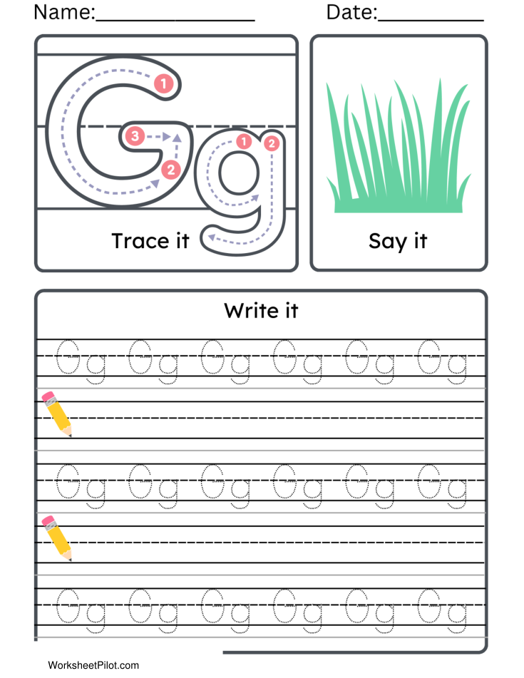 Kindergarten Letter G Tracing Worksheet Practice Set 2 - Free Printable PDF preview