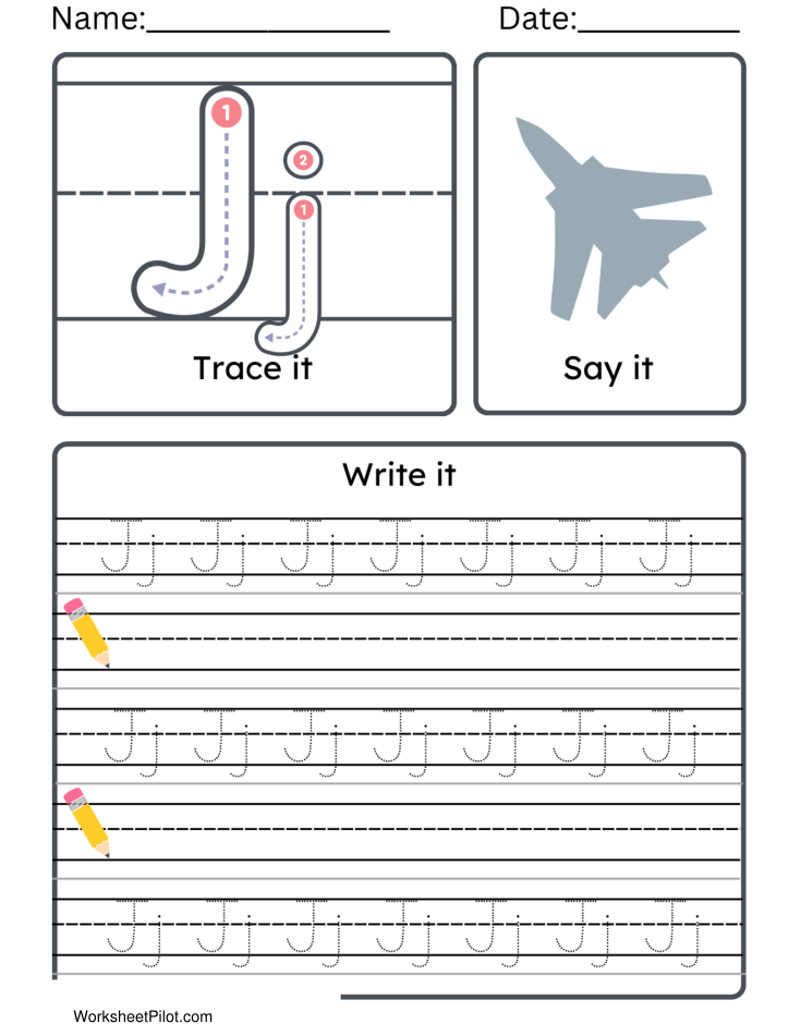 Kindergarten Letter J Tracing Worksheet Practice Set 2 - Free Printable PDF preview