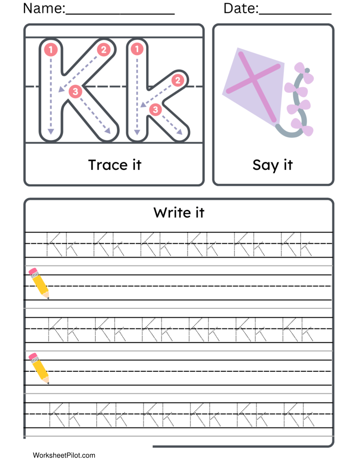 Kindergarten Letter K Tracing Worksheet Practice Set 2 - Free Printable PDF preview