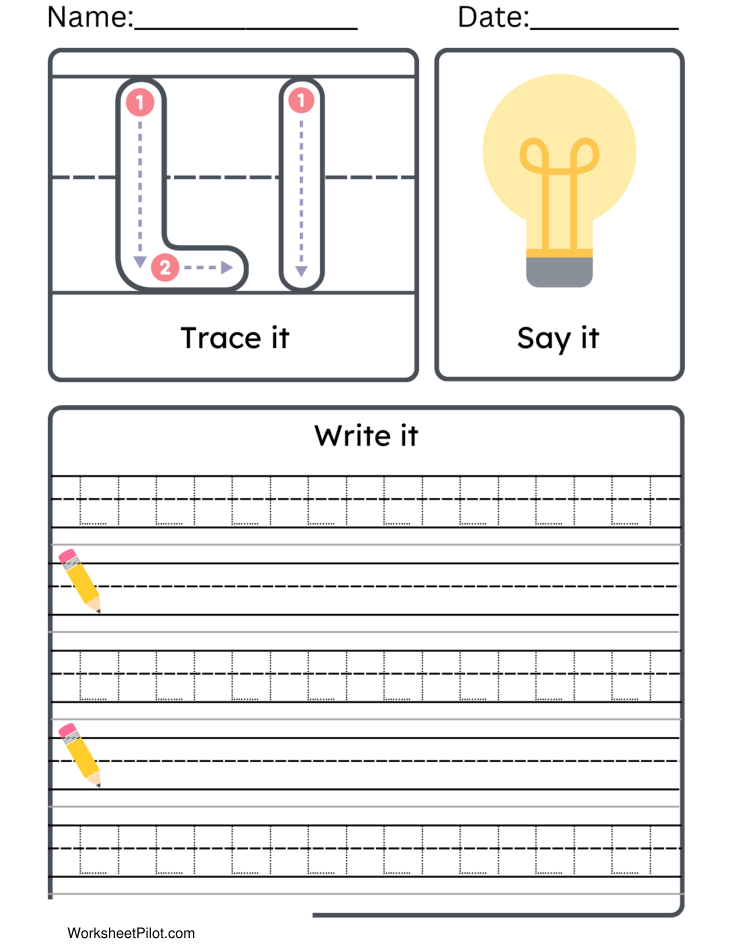 Kindergarten Letter L Tracing Worksheet Practice Set 2 - Free Printable PDF preview