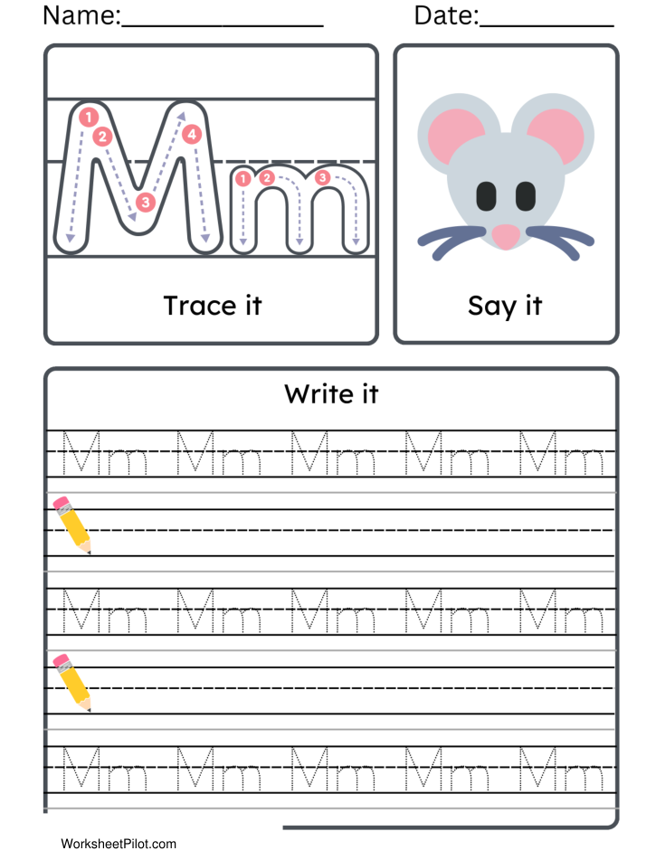 Kindergarten Letter M Tracing Worksheet Practice Set 2 - Free Printable PDF preview