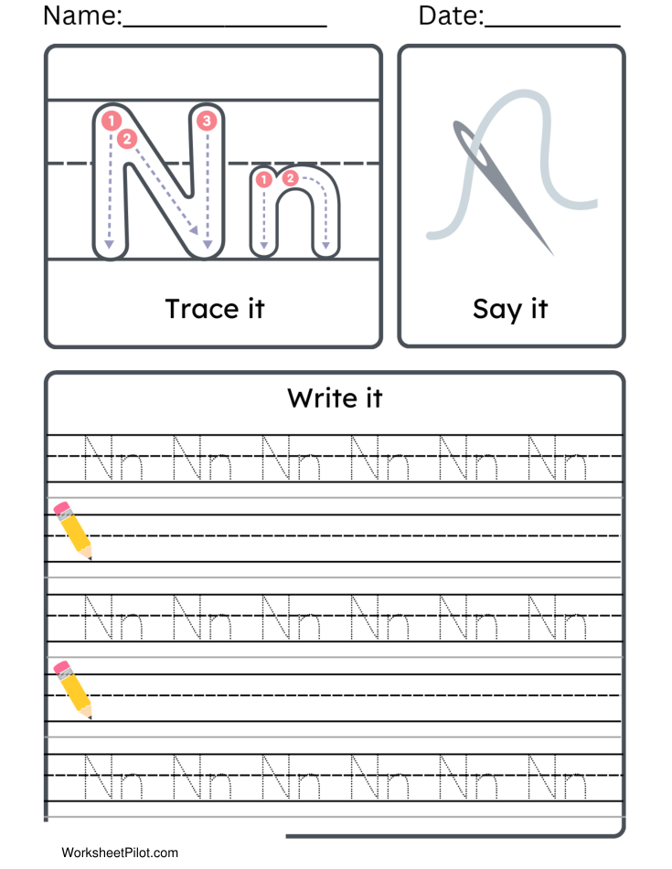 Kindergarten Letter N Tracing Worksheet Practice Set 2 - Free Printable PDF preview