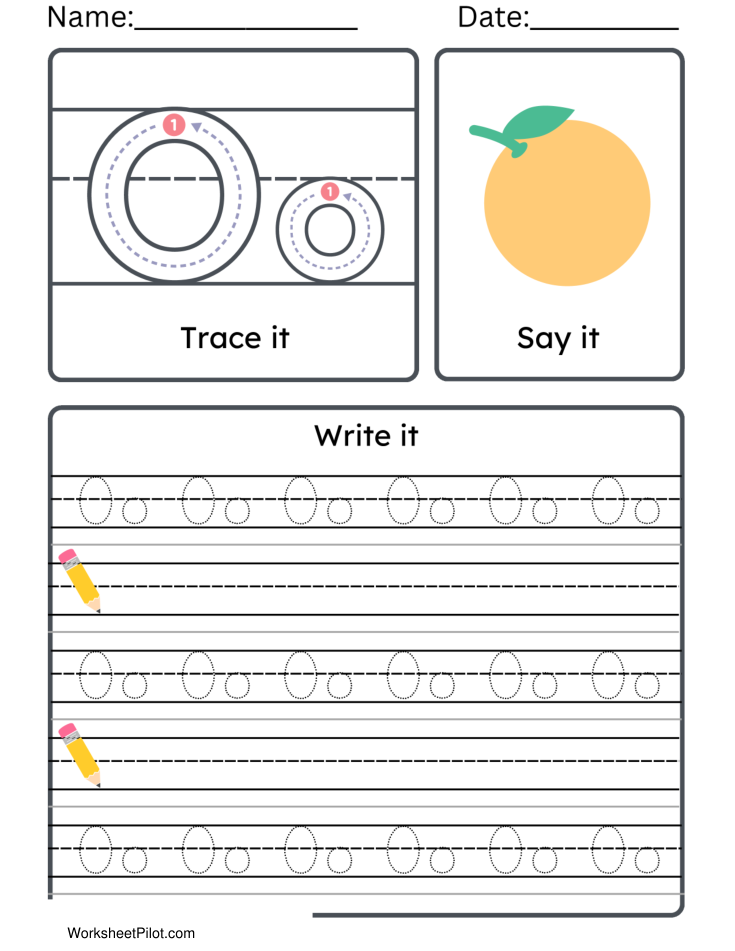 Kindergarten Letter O Tracing Worksheet Practice Set 2 - Free Printable PDF preview