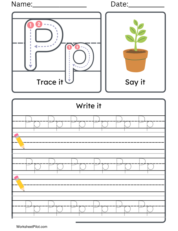 Kindergarten Letter P Tracing Worksheet Practice Set 2 - Free Printable PDF preview