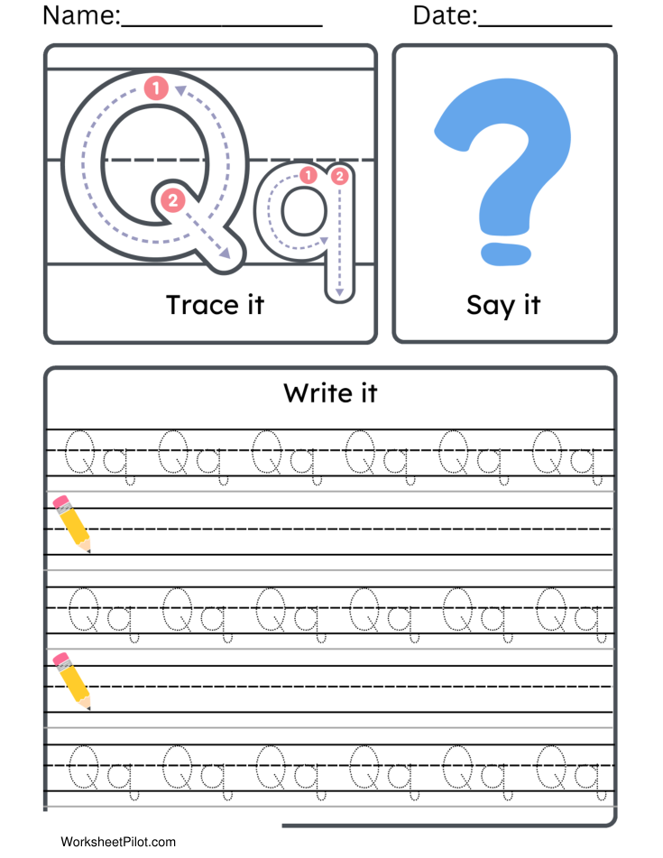 Kindergarten Letter Q Tracing Worksheet Practice Set 2 - Free Printable PDF preview