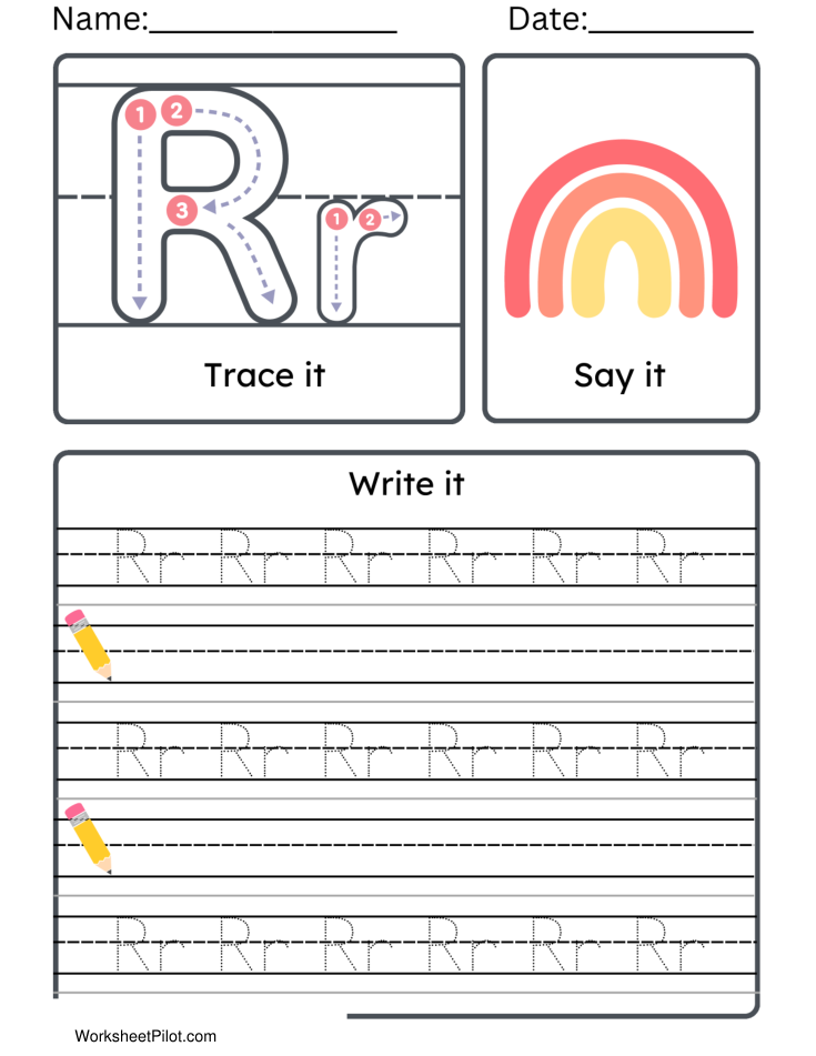 Kindergarten Letter R Tracing Worksheet Practice Set 2 - Free Printable PDF preview
